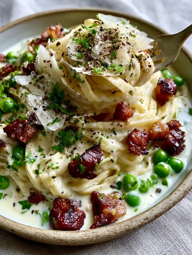 Wide shot of a rustic ceramic bowl filled with Creamy Pasta with Sweet Peas and Crispy Pancetta on a grey linen surface.