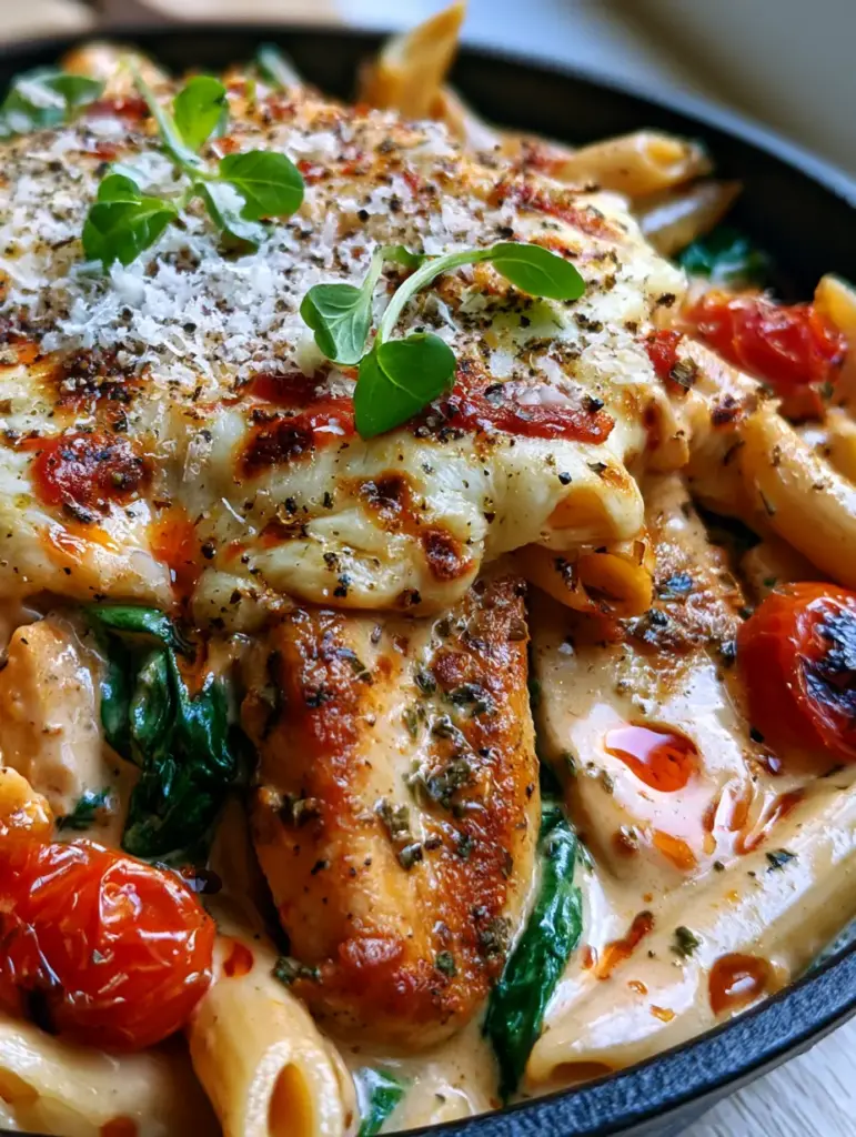 Lunch or Dinner One-Pan Sun-Dried Tomato Chicken Pasta 2 Close-up of golden seared chicken strips in a glossy cream sauce with red sun-dried tomato oil droplets. (lunch or dinner)