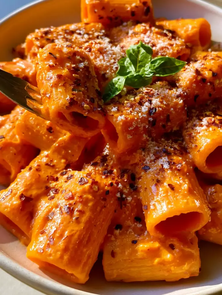 A single rigatoni noodle lifted by a fork showing a creamy sauce pull in the Gigi Hadid creamy pasta.