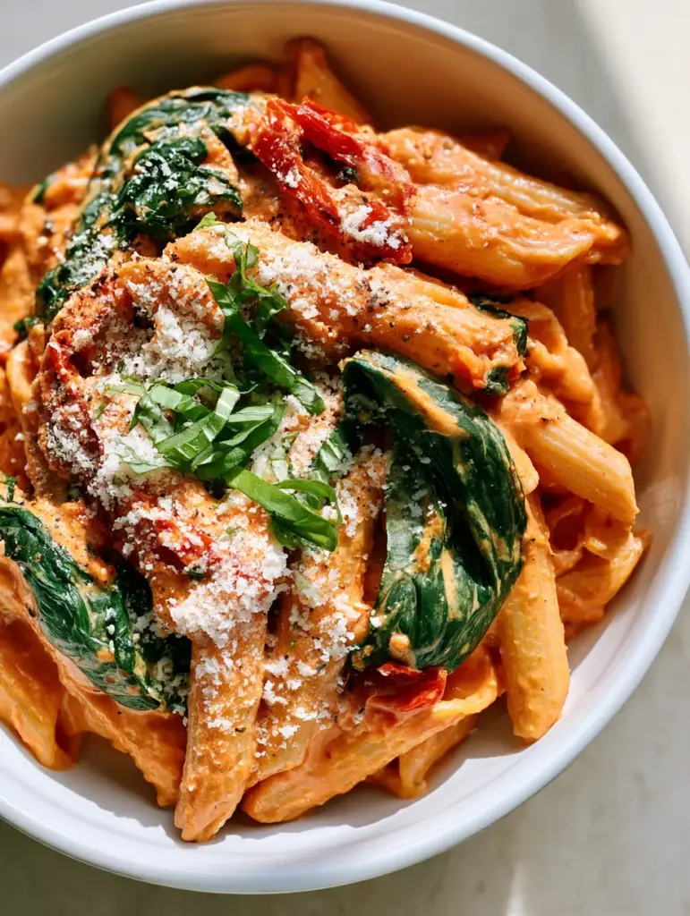 Detailed shot of wilted spinach ribbons and sun-dried tomatoes in a Creamy Tomato Spinach Pasta.