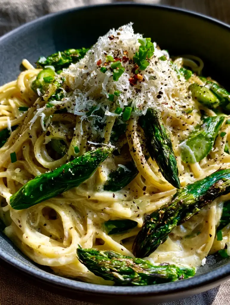 Creamy Pasta with Asparagus: The Ultimate One-Pot Lemon Garlic Linguine 2 Macro top-down shot of Creamy Pasta with Asparagus in a charcoal bowl with thick ivory sauce and forest-green charred spears.