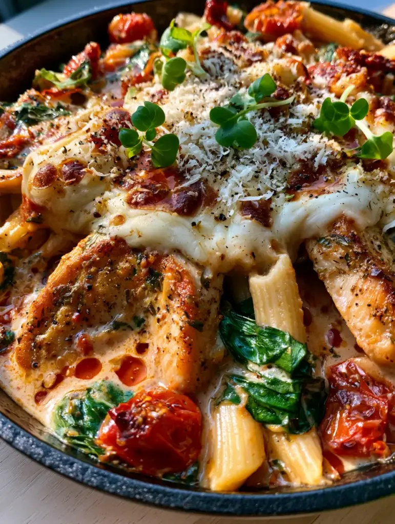 Lunch or Dinner One-Pan Sun-Dried Tomato Chicken Pasta 1 Overhead view of a cast iron skillet showing melted mozzarella with toasted spots and fresh micro-basil.