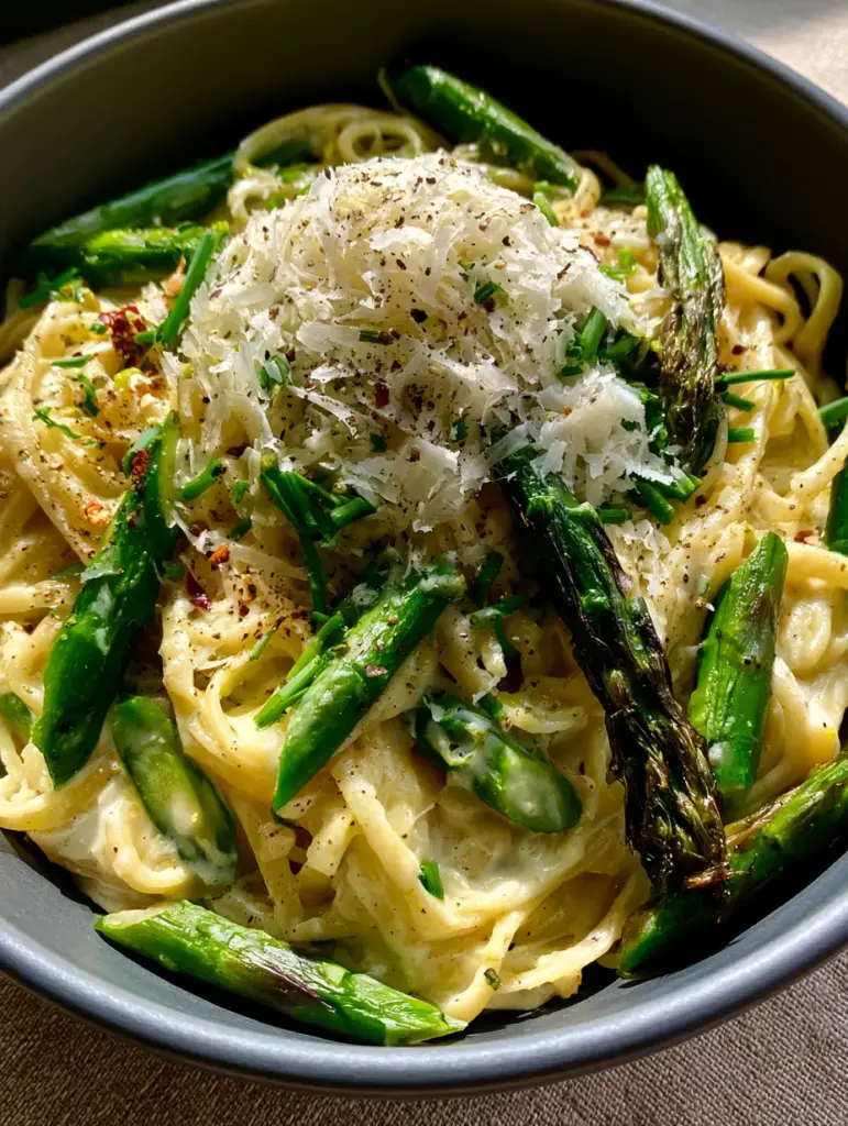 Creamy Pasta with Asparagus: The Ultimate One-Pot Lemon Garlic Linguine 1 Close-up of charred asparagus tips and micro-planed Parmesan on Creamy Pasta with Asparagus.