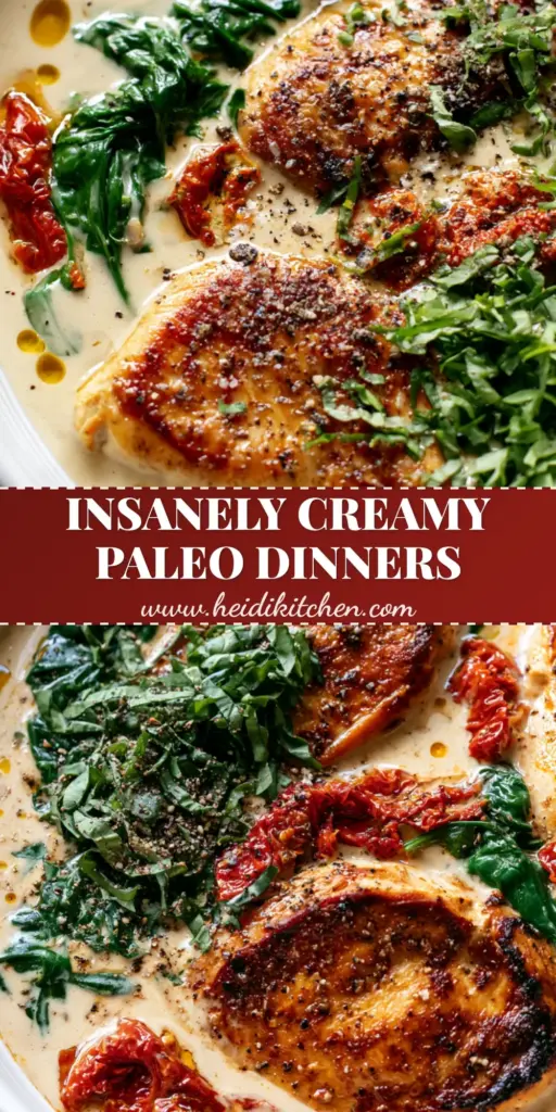 A top-down shot of creamy Tuscan chicken with ivory cashew sauce, blistered tomatoes, and spinach. (Paleo dairy-free recipes)