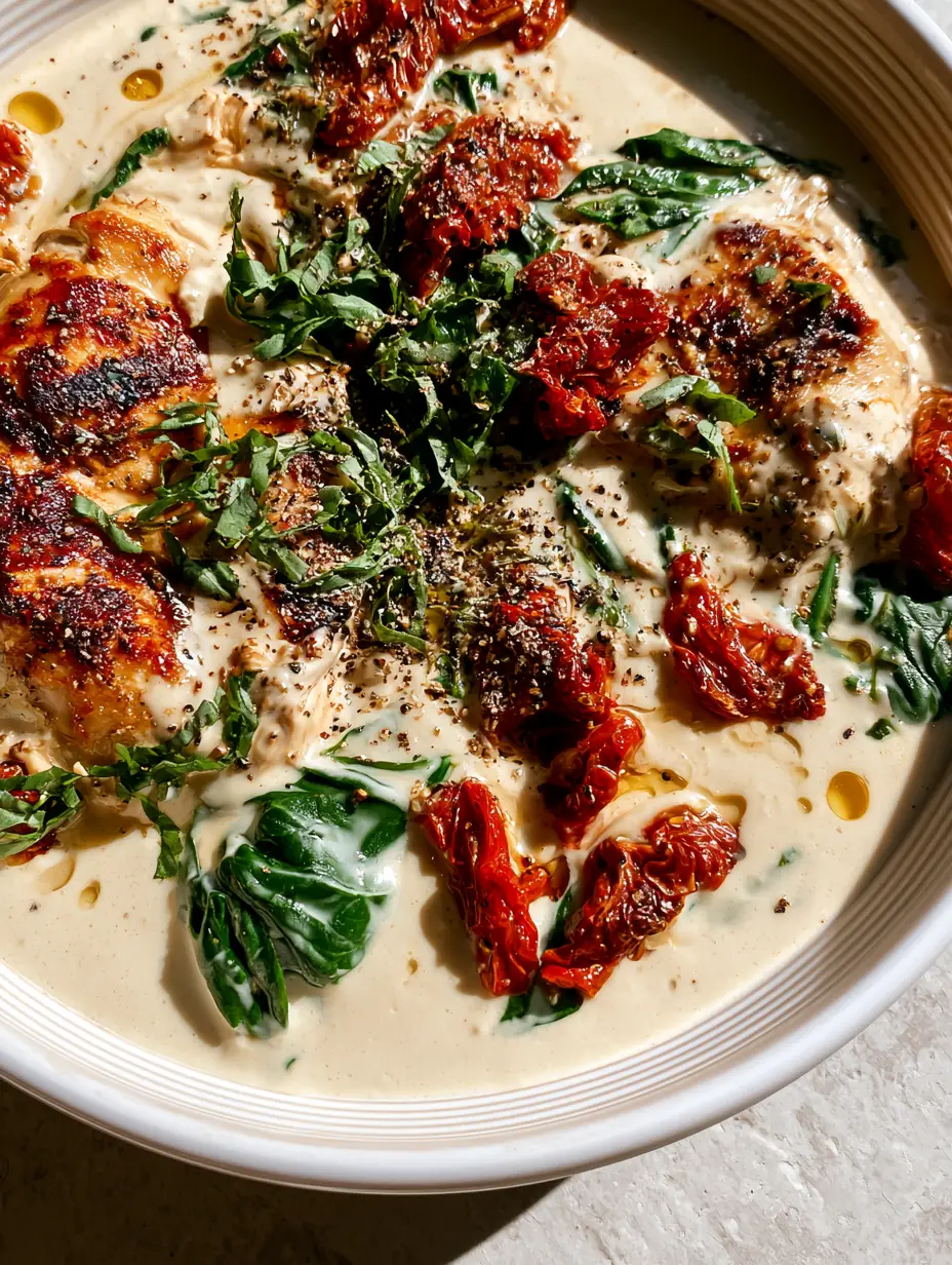 Macro shot of ivory cashew cream sauce with golden oil bubbles and pan-seared chicken. (Paleo dairy-free recipes)