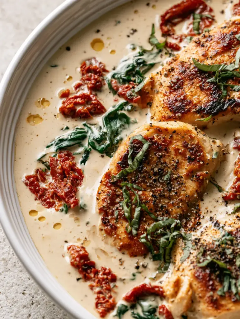 Close-up of charred chicken breast submerged in creamy sauce with chiffonade basil.