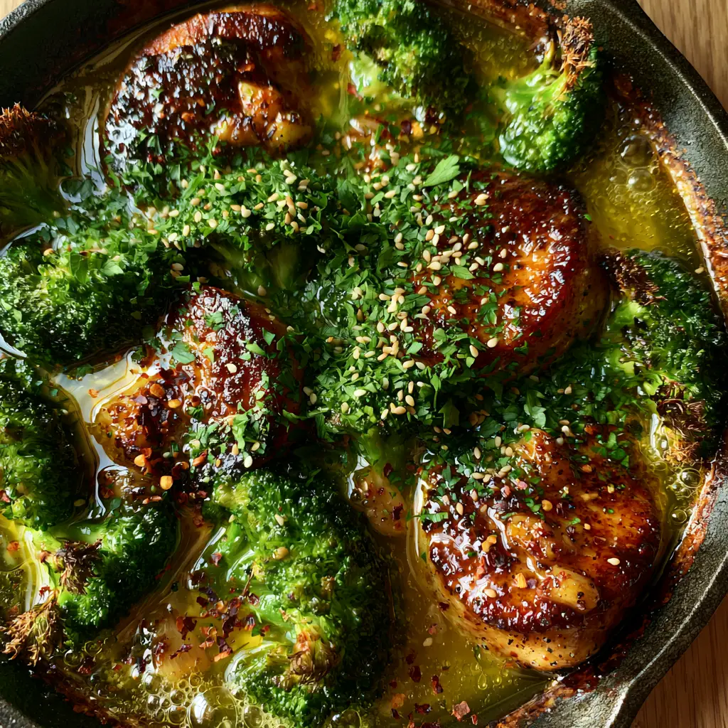 Chicken and Broccoli Recipe with Shimmering Garlic Butter and Charred Florets 2 Macro overhead shot of deeply seared chicken medallions and charred broccoli in a shimmering sauce. (Chicken and broccoli recipe)