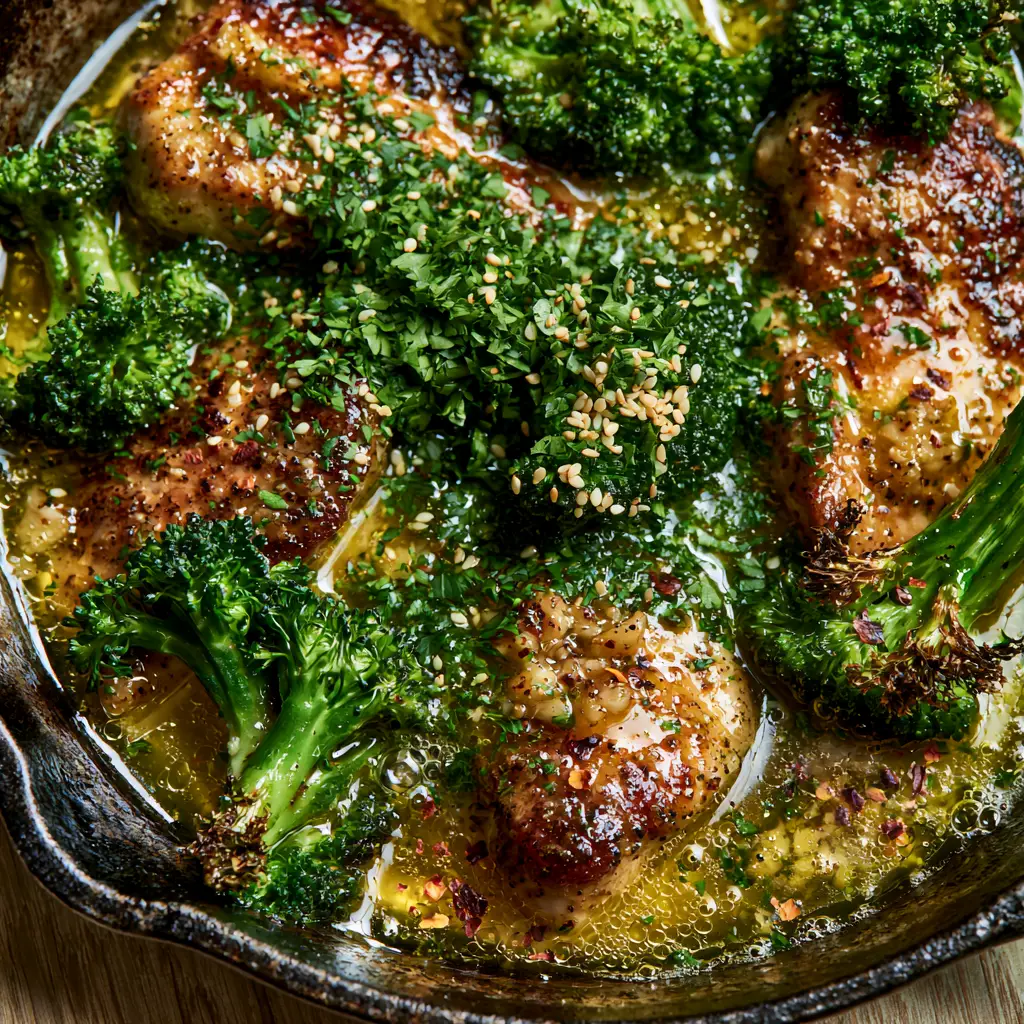Chicken and Broccoli Recipe with Shimmering Garlic Butter and Charred Florets 1 A close-up of glossy garlic butter sauce pooling in a cast iron skillet with chicken and broccoli.