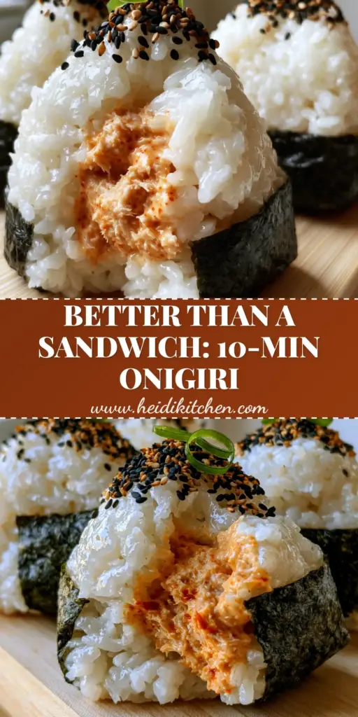 Spicy Tuna Onigiri: The Ultimate Guide to Perfect Japanese Rice Balls 4 Three triangular Spicy Tuna Onigiri rice balls on a light wood board, garnished with black sesame seeds and scallions.