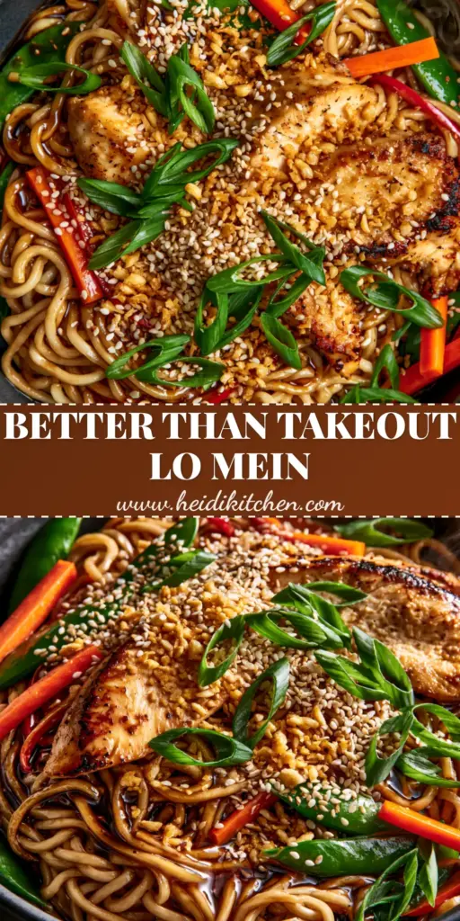 A close-up shot of Garlic Chicken Lo Mein in a charcoal bowl showing glossy noodles, seared chicken, and vibrant vegetables garnished with fried garlic and scallions.