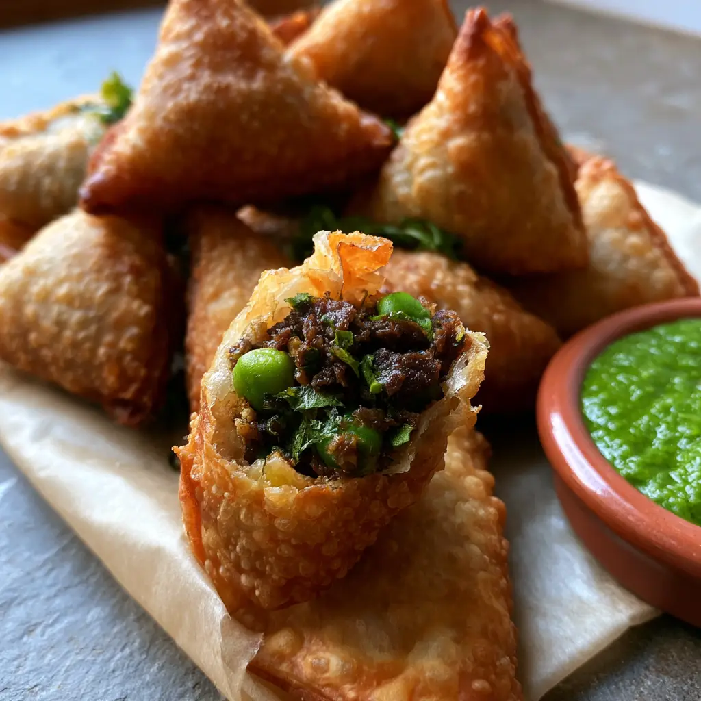Handheld photo showing a Keema Samosa snapped in half with steaming mutton, peas, and cilantro inside.