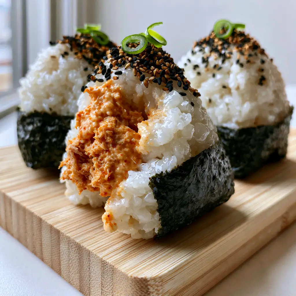 Spicy Tuna Onigiri: The Ultimate Guide to Perfect Japanese Rice Balls 1 A bitten Spicy Tuna Onigiri revealing the vibrant orange sriracha-mayo tuna filling.