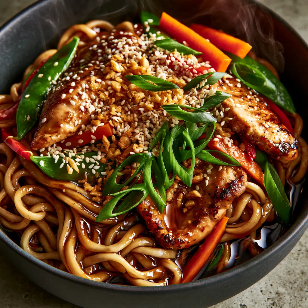 A steaming bowl of Garlic Chicken Lo Mein featuring julienned carrots, red peppers, and a heavy garnish of fried garlic.