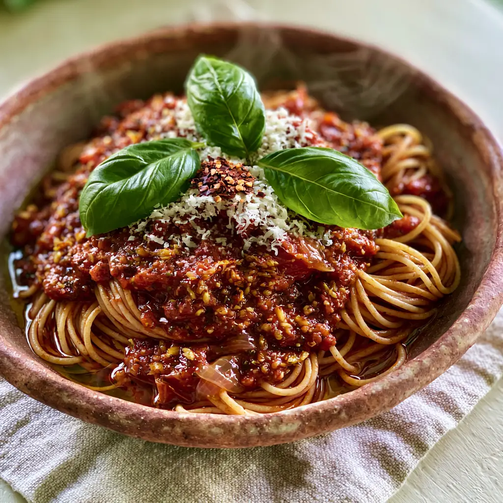 Plated al dente spaghetti with fresh basil leaves and snowy white parmesan cheese on a linen napkin.