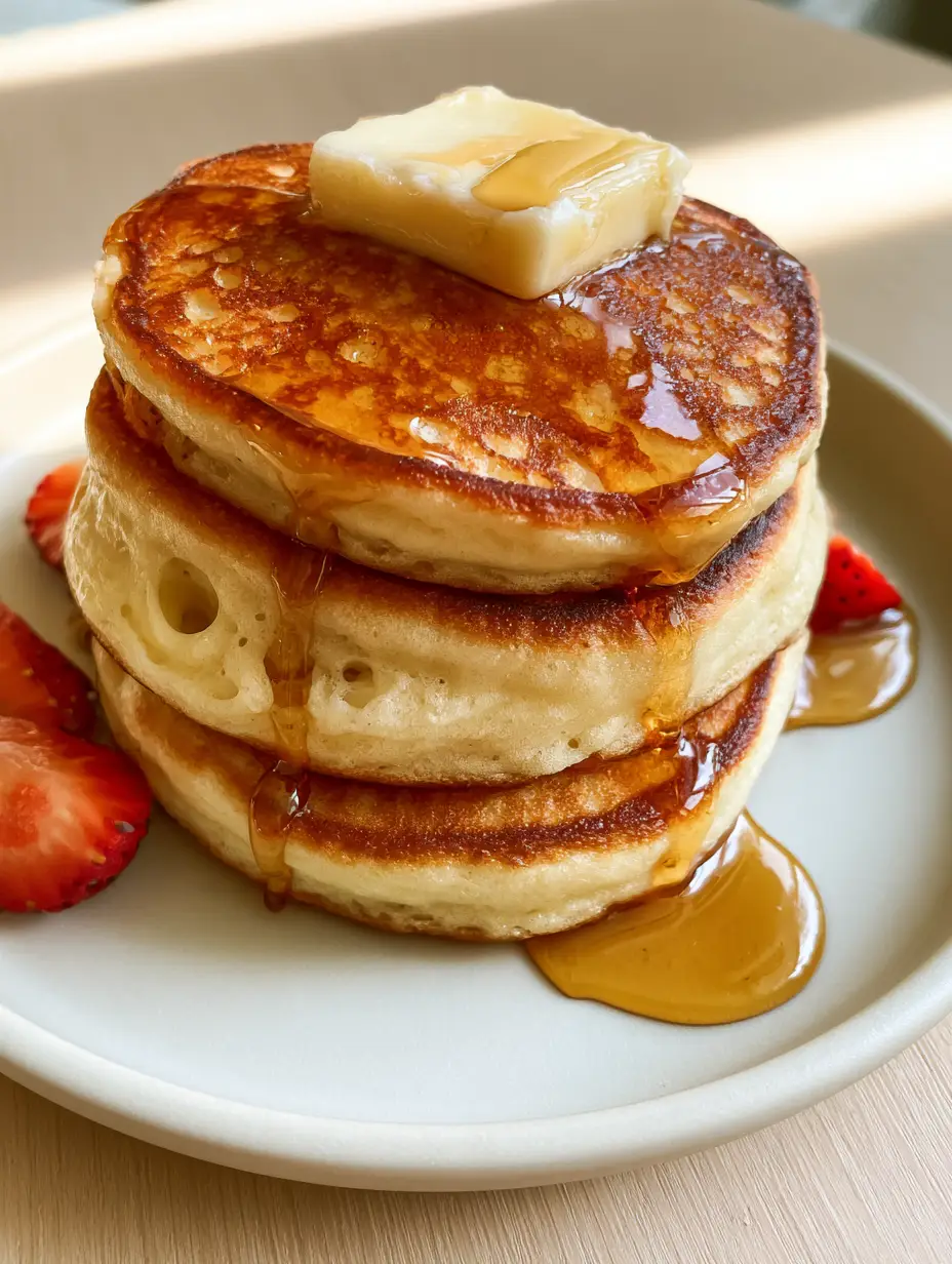 Close up of exceptionally thick buttermilk homemade pancakes showing porous air pockets and golden crust.