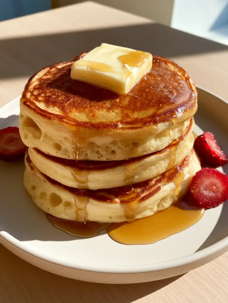 Three homemade pancakes on a minimalist plate with glossy amber maple syrup captured mid-drip.