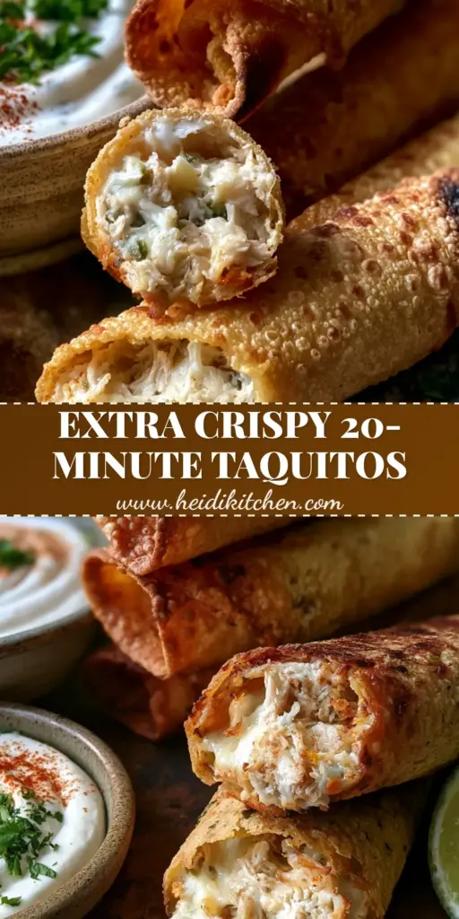 Chicken Taquitos: The Ultimate Shatter-Crispy Rotisserie Recipe 4 A stack of three golden-brown crispy chicken taquitos on a dark slate plate with lime-crema and fresh cilantro.