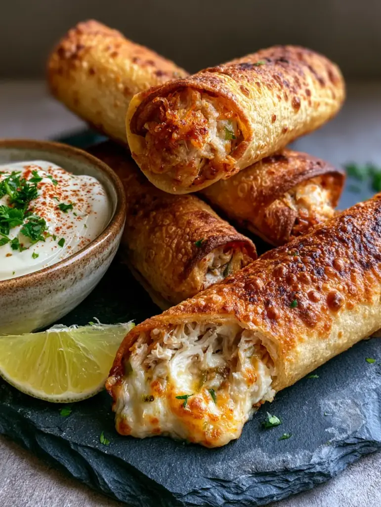Chicken Taquitos: The Ultimate Shatter-Crispy Rotisserie Recipe 1 A chicken taquito snapped in half revealing a steaming molten filling of shredded chicken and green chilies.