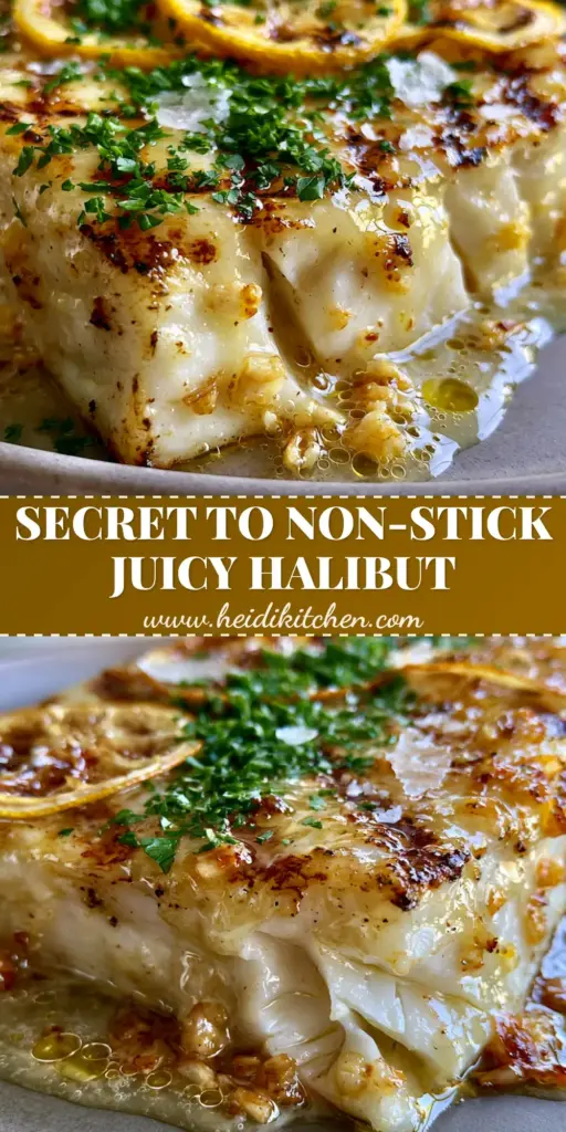 A thick grilled halibut steak with dark grill marks and lemon garlic butter on a grey plate. (grilled halibut recipe)