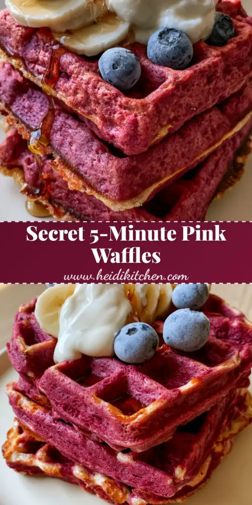 A stack of three thick Belgian beet and banana waffles topped with Greek yogurt, banana rounds, and blueberries with a maple syrup drizzle.