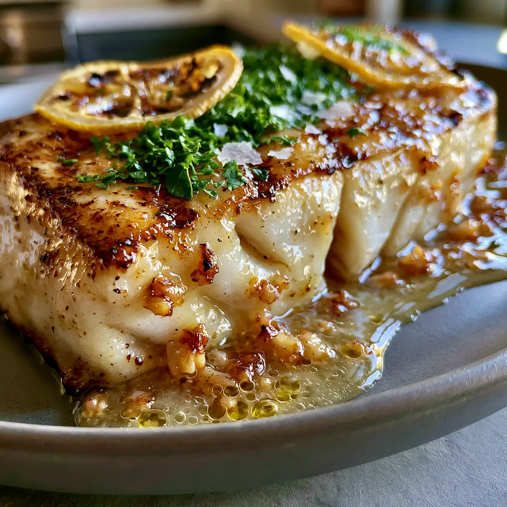 Grilled halibut with charred lemon slices and fresh parsley garnish on a matte grey plate. (grilled halibut recipe)