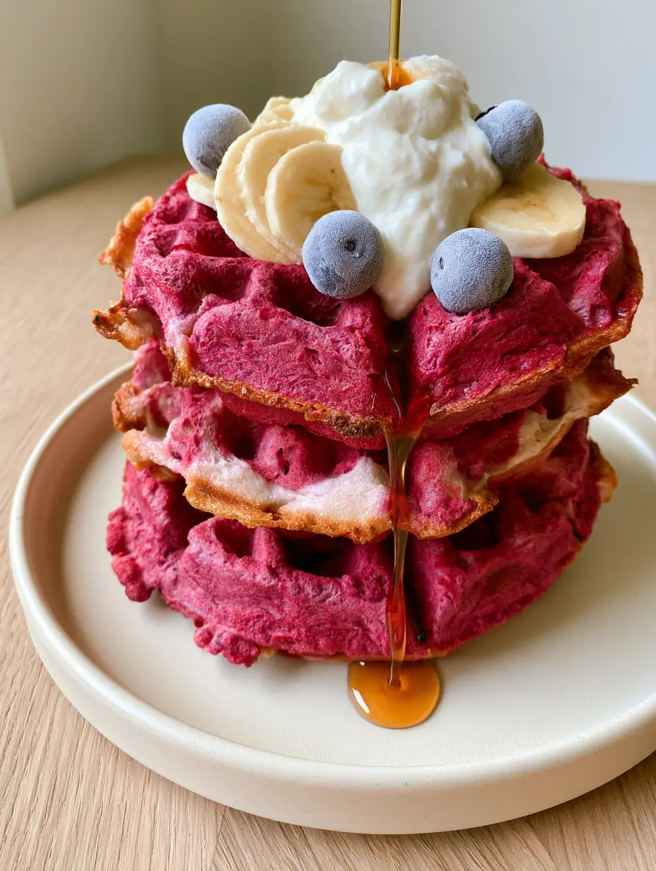 Detailed shot of fluffy beet and banana waffles with a vibrant magenta interior and golden-brown edges.