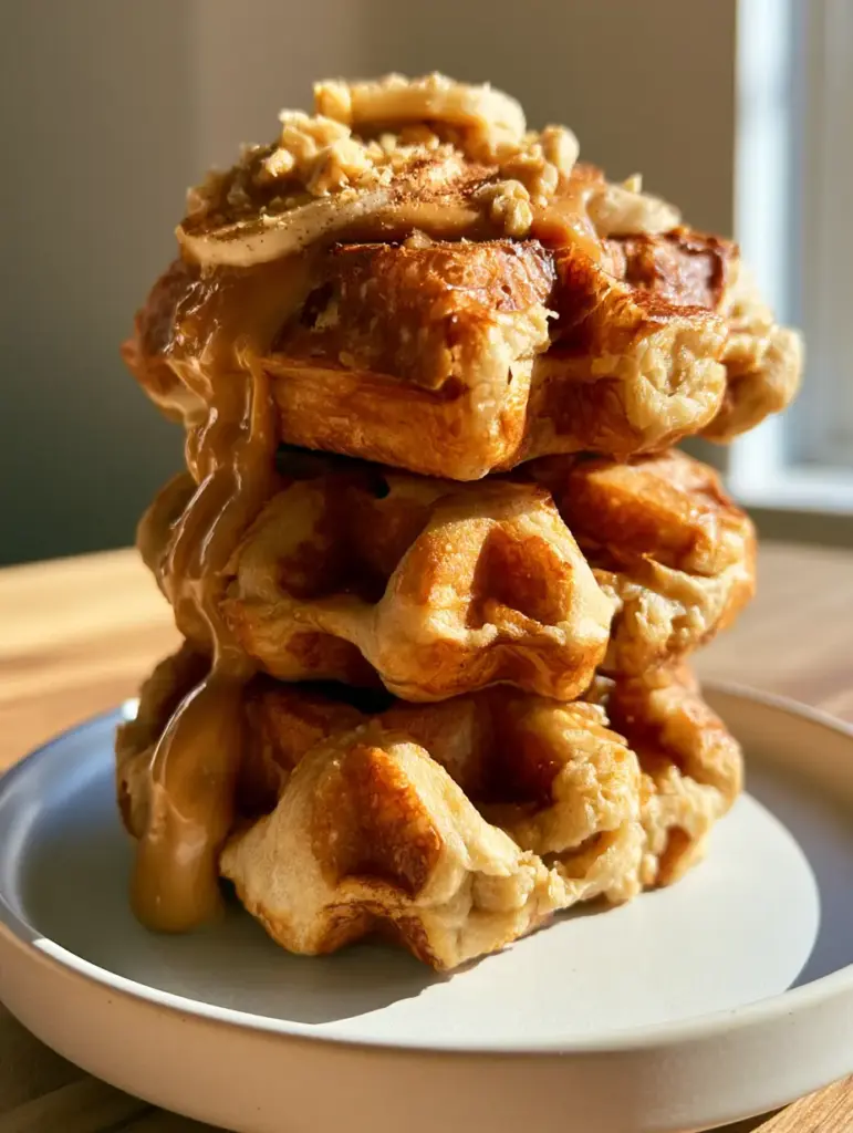 Peanut Butter Waffles: The Ultimate Crispy Belgian Breakfast Guide 1 A stack of peanut butter waffles topped with fresh banana rounds and a light dusting of cinnamon in golden sunlight.