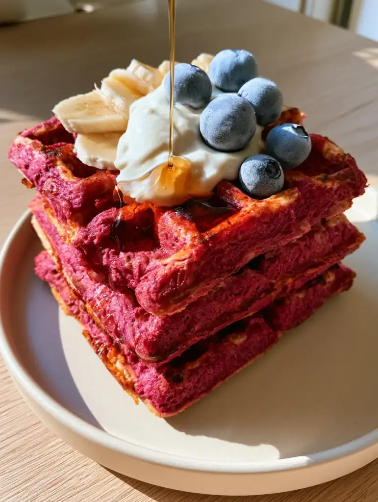 Handheld smartphone photo of beet and banana waffles on a matte ceramic plate with morning sunlight.