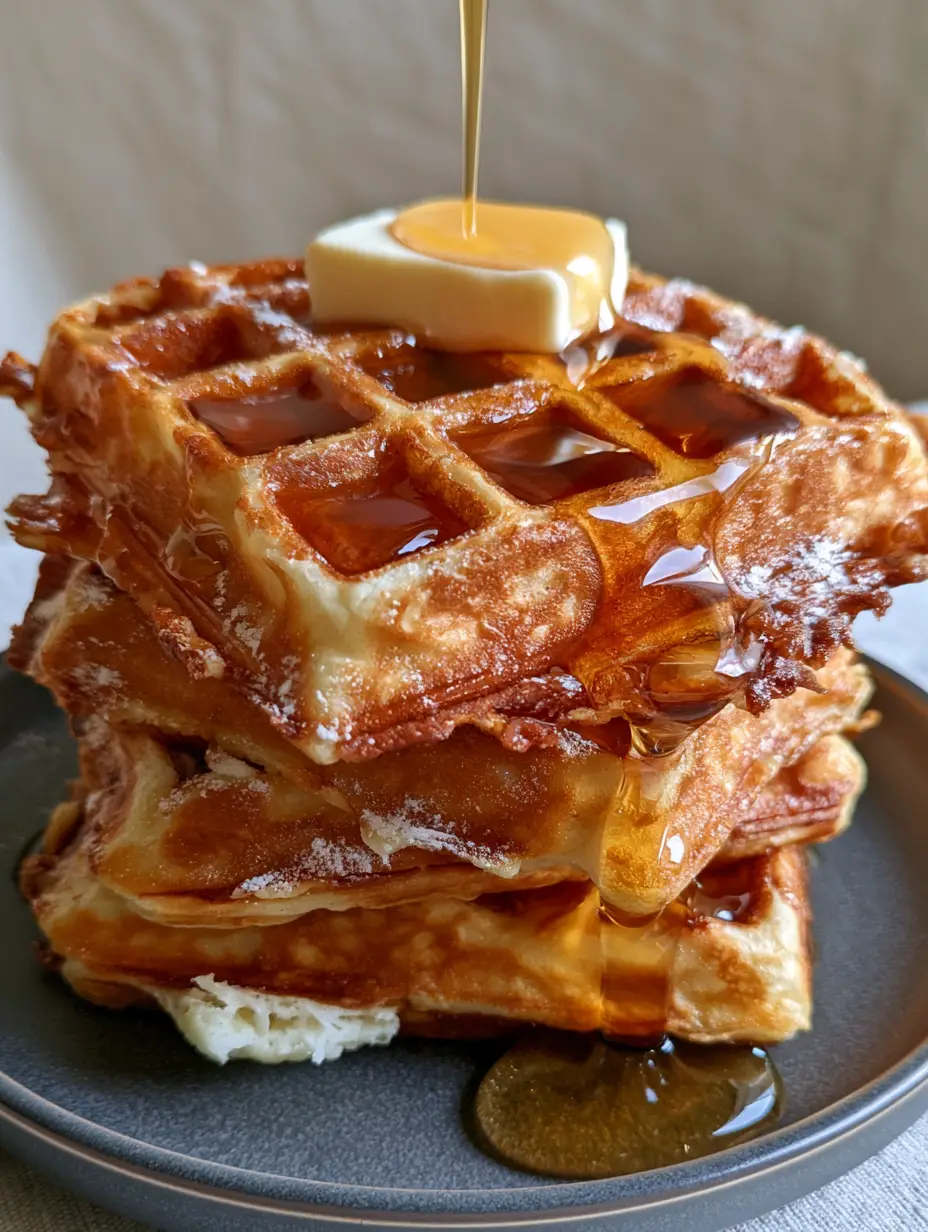 Close-up of fluffy waffles showing the crispy jagged edges and deep cavernous square grids filled with syrup.