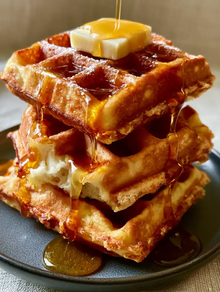 Three thick Belgian waffles stacked high on a matte charcoal plate with high-viscosity maple syrup mid-drip.