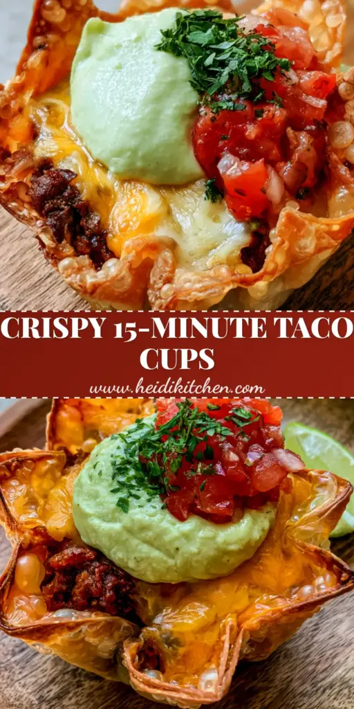 A rustic board with 12 mini taco cups featuring deep golden-brown wonton shells and bright red pico de gallo. (Mini Taco Cups recipe)