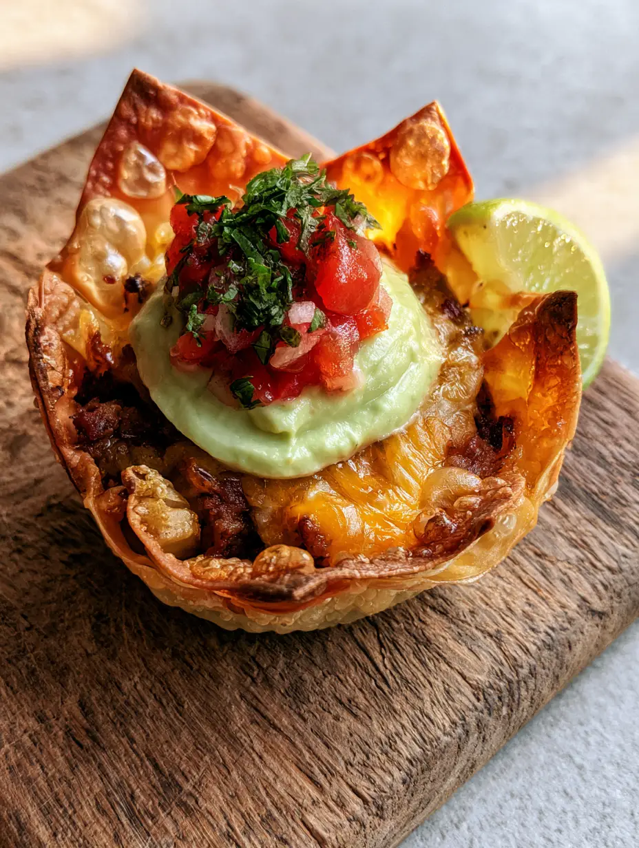 Macro top-down view of a mini taco cup with bubbly cheese and pale green avocado crema. (Mini Taco Cups recipe)