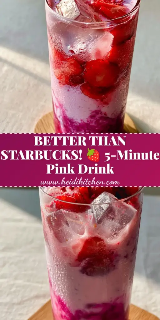 A tall glass of strawberry acai refresher with creamy coconut milk and fresh strawberry slices on a wooden coaster. (strawberry acai refresher)