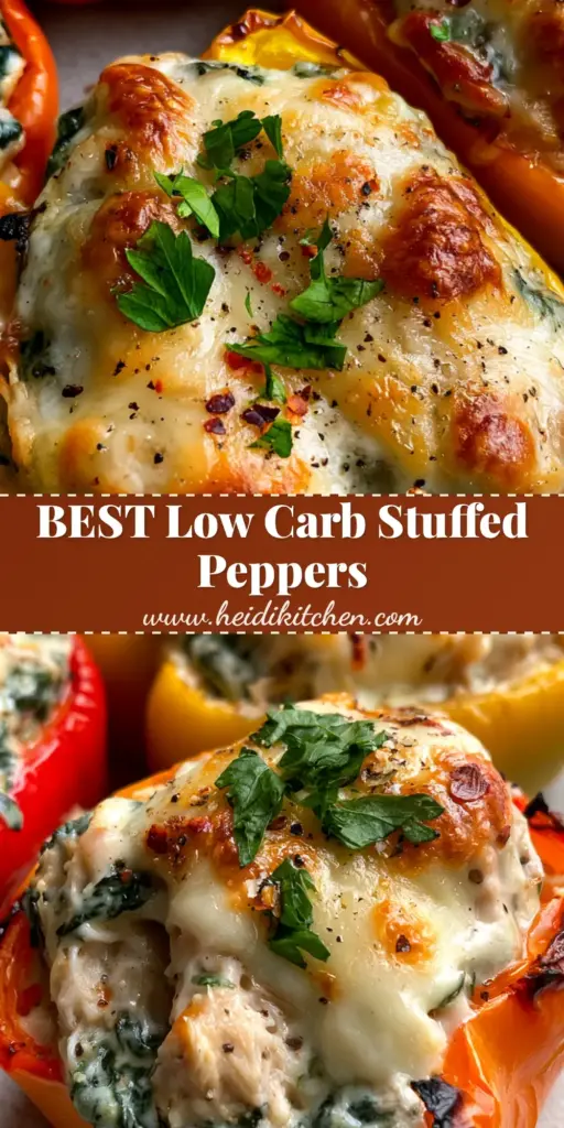 Spinach and Chicken Stuffed Peppers with Bubbling Mozzarella 4 A macro shot of red, yellow, and orange spinach and chicken stuffed peppers topped with bubbling mozzarella, toasted parmesan, and fresh parsley on a stone background.