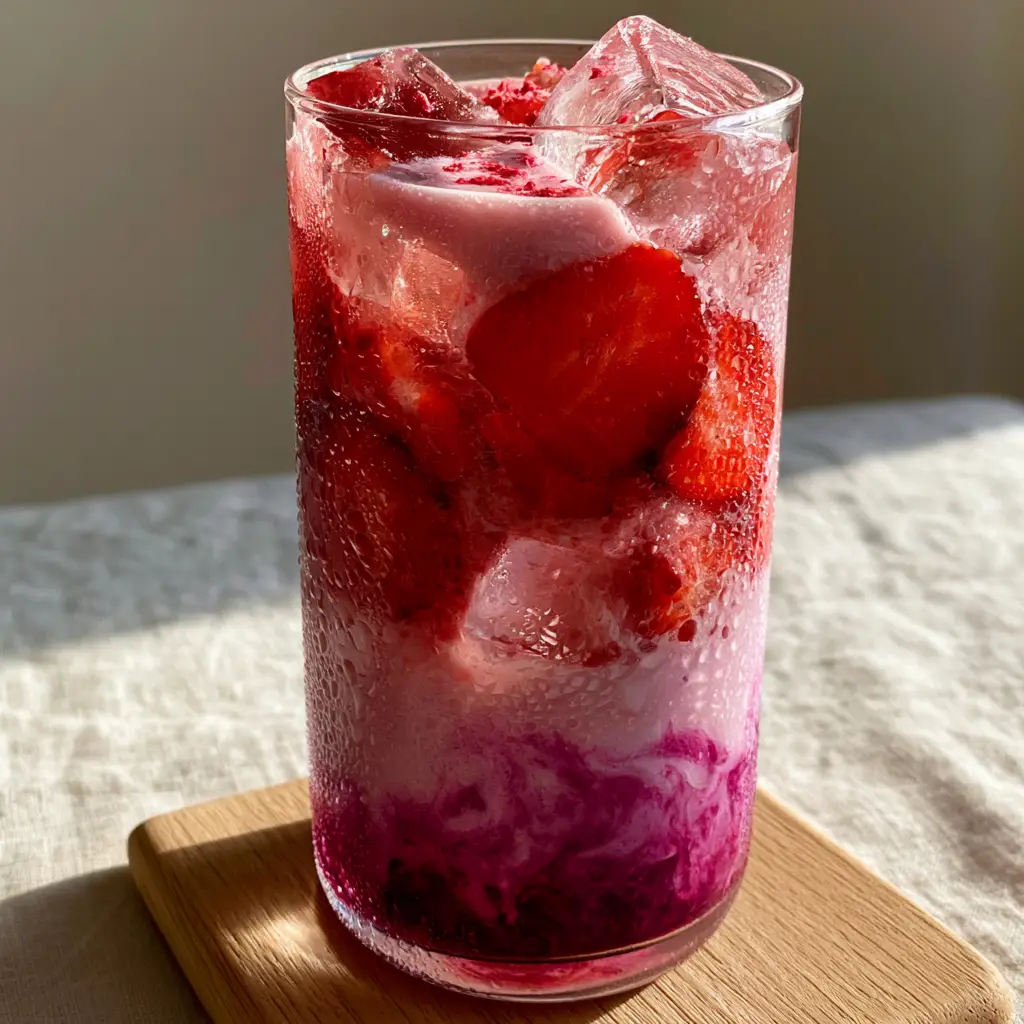 Close up of a tall minimalist glass tumbler with pastel pink coconut milk and magenta acai swirl. (strawberry acai refresher)