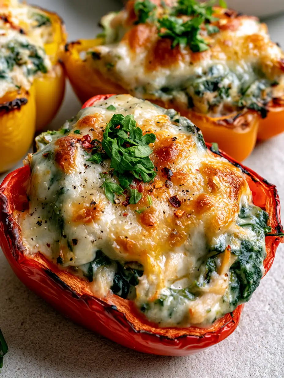 Spinach and Chicken Stuffed Peppers with Bubbling Mozzarella 3 Close-up of blistered bell peppers stuffed to the brim with creamy spinach and chicken filling and melted cheese. (spinach and chicken stuffed peppers)