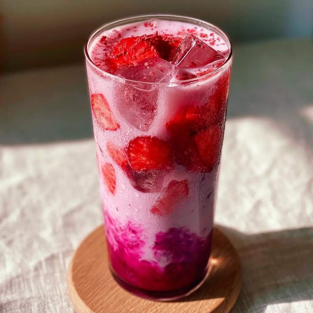 Strawberry acai refresher in a glass with square ice cubes and condensation, set on a light oak coaster.