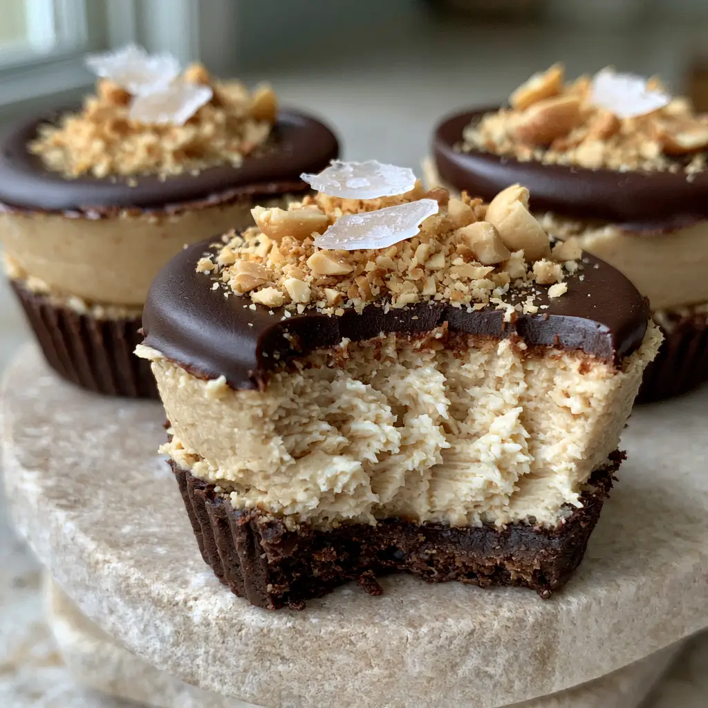 Close up of the smooth chocolate ganache and roasted peanut topping on Protein Peanut Butter Cheesecake Cups.