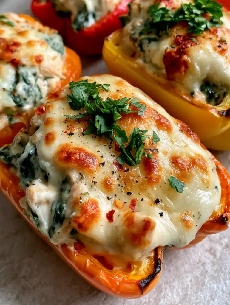 Spinach and Chicken Stuffed Peppers with Bubbling Mozzarella 1 Three halved stuffed peppers showing the moist creamy interior and bubbling mozzarella topping with chili flakes.