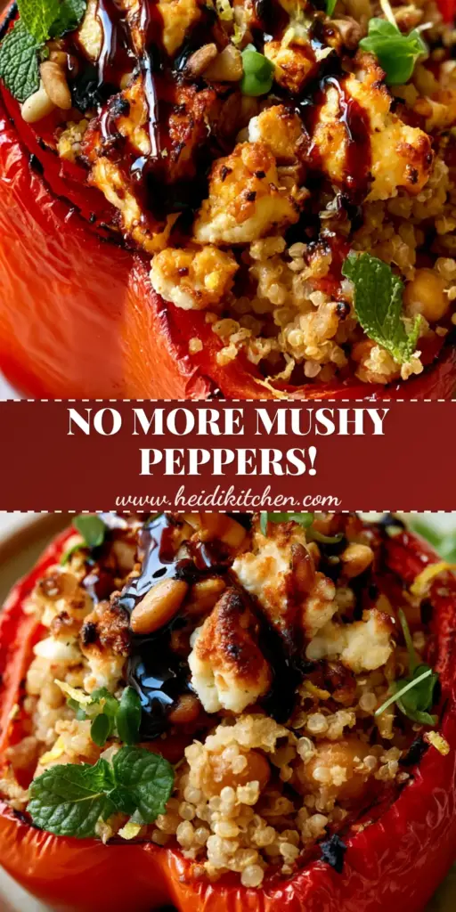 Stuffed Bell Peppers with Rice & Veggies with Fluffy Quinoa and Feta 4 A vibrant red bell pepper half overflowing with quinoa and chickpeas, topped with golden feta and a balsamic drizzle. (Stuffed Bell Peppers with Rice & Veggies)