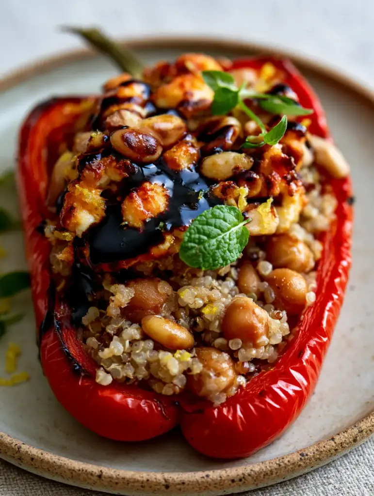 Stuffed Bell Peppers with Rice & Veggies with Fluffy Quinoa and Feta 2 Extreme close-up of a roasted red pepper with charred edges and fluffy quinoa filling. (Stuffed Bell Peppers with Rice & Veggies)