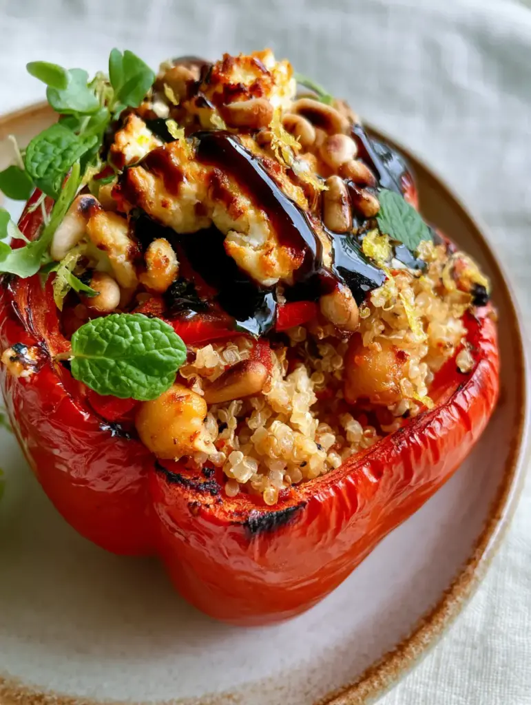 Stuffed Bell Peppers with Rice & Veggies with Fluffy Quinoa and Feta 1 Top-down view of golden-brown feta and toasted pine nuts on a stuffed pepper. (Stuffed Bell Peppers with Rice & Veggies)