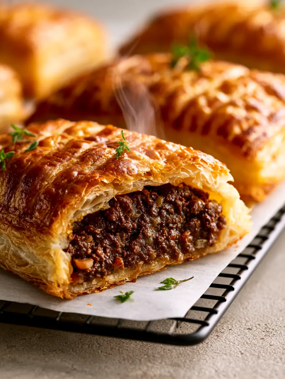Individual puff pastry meat pies on a black cooling rack showing shatteringly crisp layers. (savory meat pie recipes)