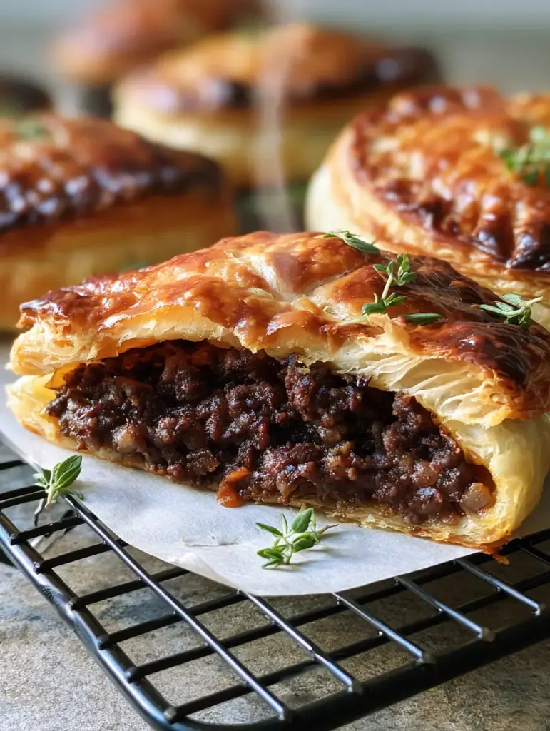 A sliced savory meat pie showing juicy ground beef, carrots, and onions with steam rising.