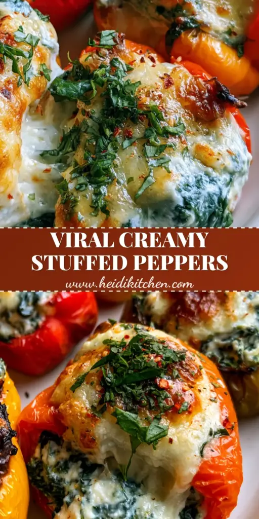 A close-up vertical shot of vibrant red and yellow ricotta stuffed peppers with a golden-brown cheese crust and fresh basil garnish.
