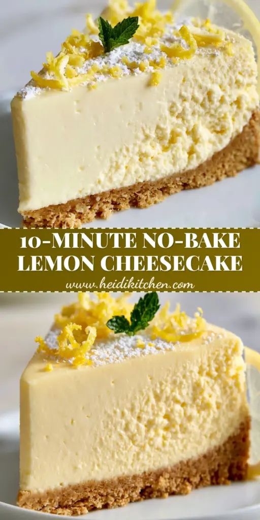 A close-up slice of no-bake lemon cheesecake with a golden graham cracker crust, lemon zest curls, and a mint leaf on a white plate.