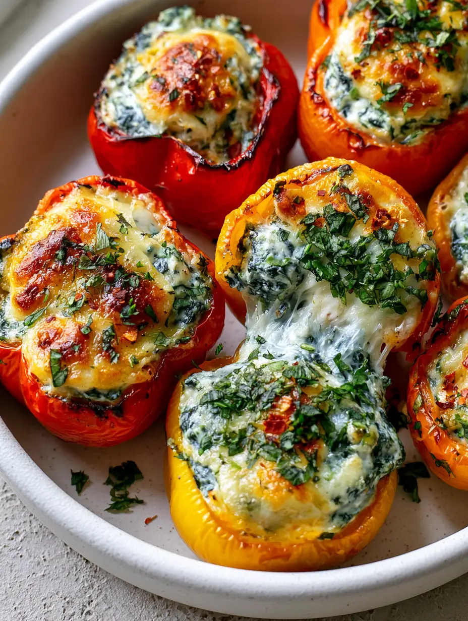 Top-down extreme close-up of vibrant red, orange, and yellow mini bell peppers roasted until blistered, overflowing with ricotta stuffed peppers filling.