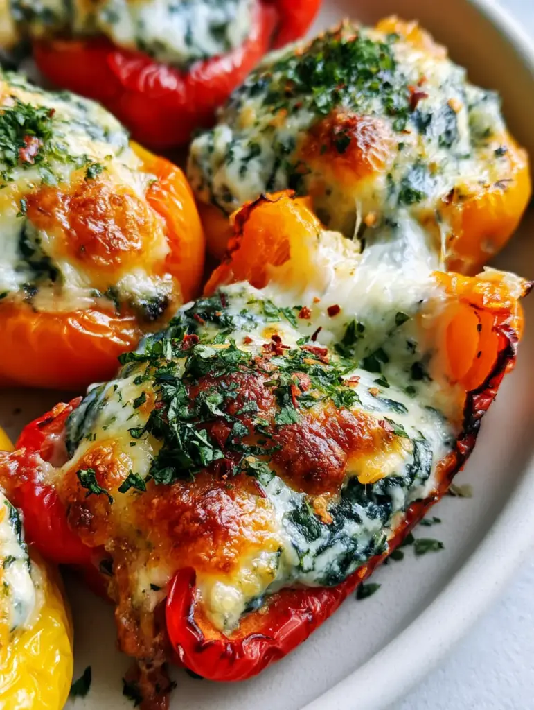 Close-up of a cheesy pull from a golden-brown roasted pepper showing the creamy ricotta stuffed peppers interior.