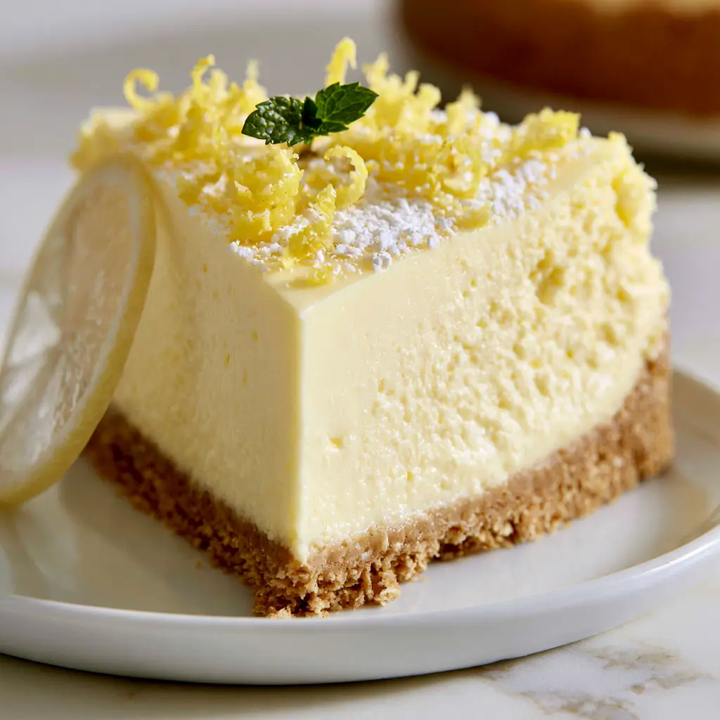 A slice of no-bake lemon cheesecake against a marble background with lemon zest curls and a dusting of powdered sugar.