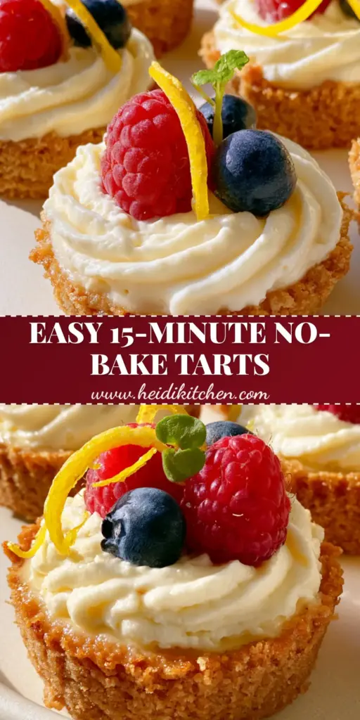 A top-down view of mini no-bake lemon cheesecake tarts on a white plate, garnished with raspberries, blueberries, and lemon ribbons.